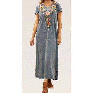 NWT Kyla Seo Caite Short Sleeve Blue Washed Floral Embroidered Maxi Dress Small
